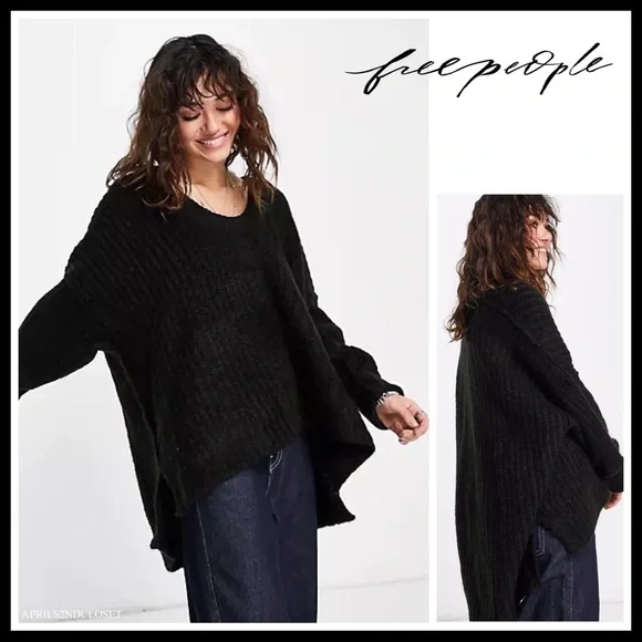 FREE PEOPLE BOHO SWEATER OVERSIZED TUNIC COZY BLACK WINTER PULLOVER A2C - Picture 6 of 13